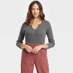 Knox Rose Long Sleeve Notch Neck Thermal Top - Knox Rose Dark Gray